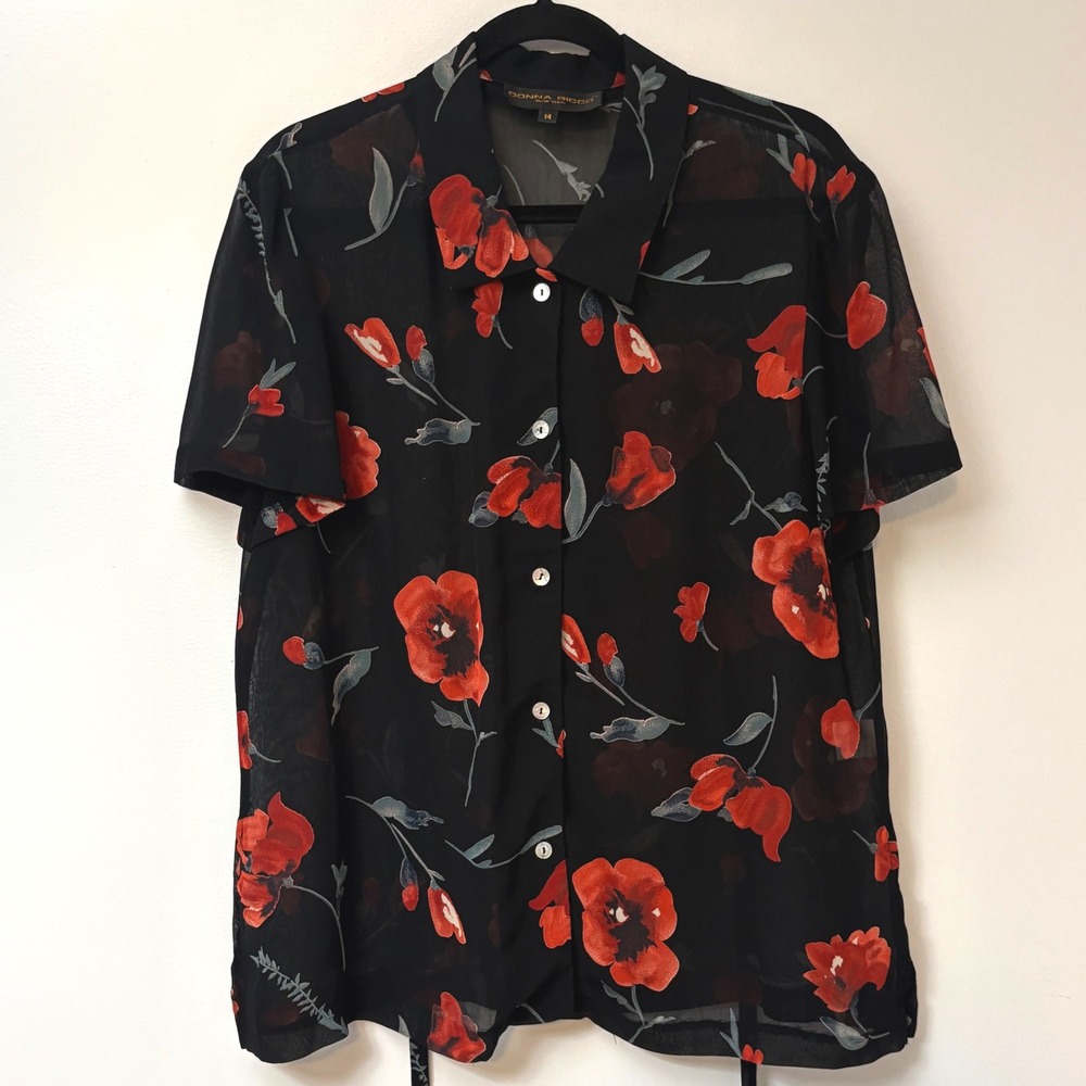 Donna Ricco NY Black Floral Sheer Button‎ Up Tie Back Blouse Size 14